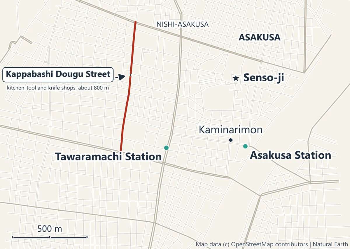 Map of Asakusa and Nishi-Asakusa showing Kappabashi Dougu Street, Senso-ji, Kaminarimon, Asakusa Station and Tawaramachi Station