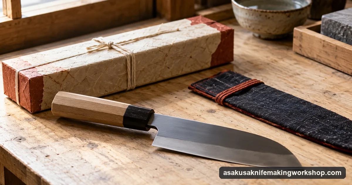A santoku knife next to its paper-wrapped box and a fabric sleeve on a wooden counter