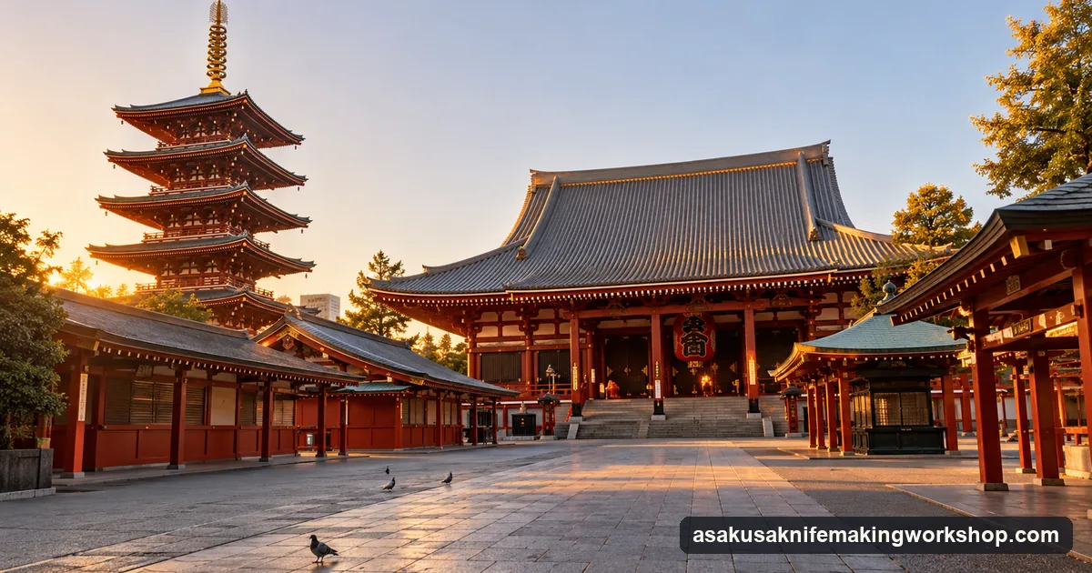 Senso-ji's five-storey pagoda and main hall in early morning light with an empty stone approach