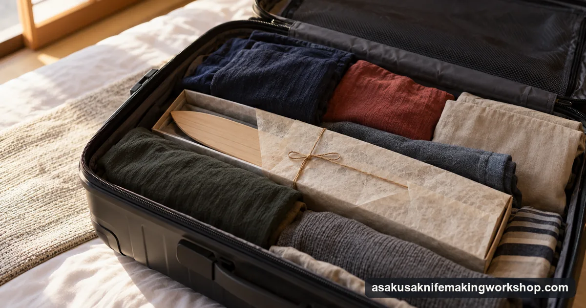 A boxed Japanese kitchen knife with a wooden blade guard packed among clothes in an open suitcase