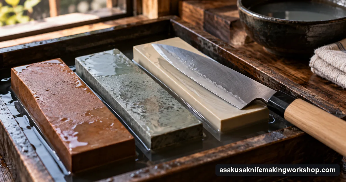 Three whetstones of different grits in a water tray with a knife blade resting on the finest stone