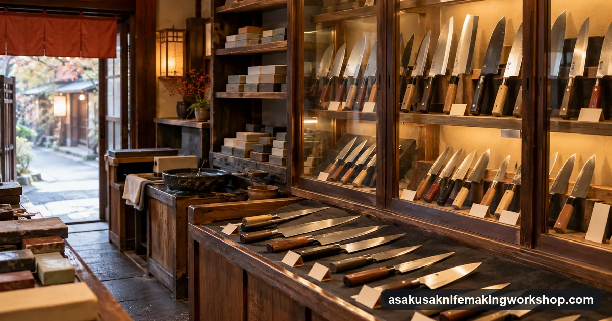 Rows of Japanese kitchen knives in a wooden display cabinet inside a small knife shop