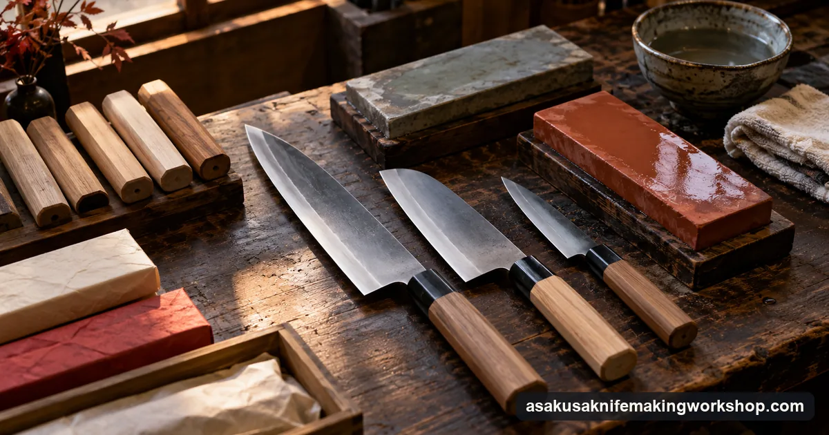 A gyuto, a santoku and a petty knife side by side with whetstones and unfinished wooden handles